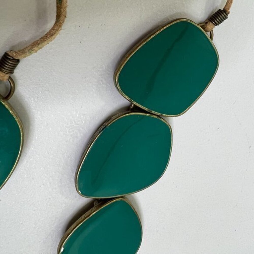 Lia Sophia Necklace Statement Blue Suede Brown Southwestern Boho Big Gold Tone U - Picture 2 of 7